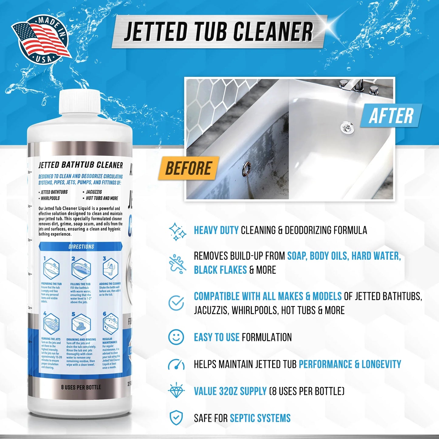 Active Jetted Hot Tub and Spa Cleaner, Compatible with Jacuzzis and Whirlpools, 32 oz, 8 Uses